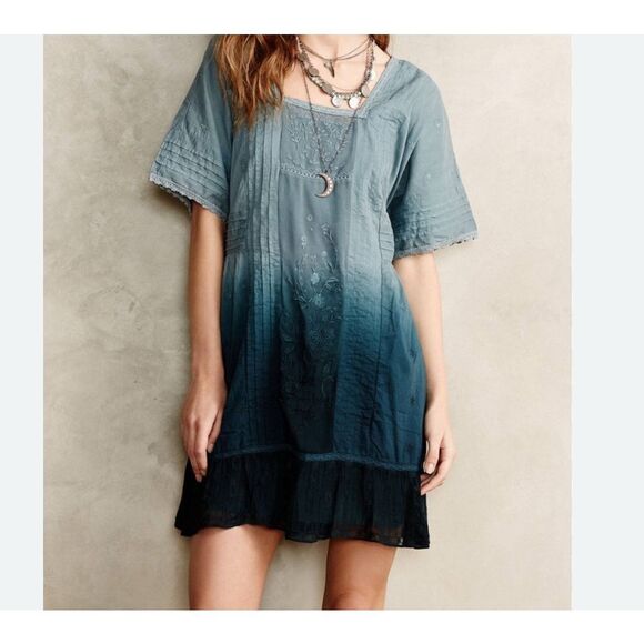 Anthropologie Holding Horses Tunic Dress SP Blue Ombre Floral Embroidered Lace - Picture 1 of 16